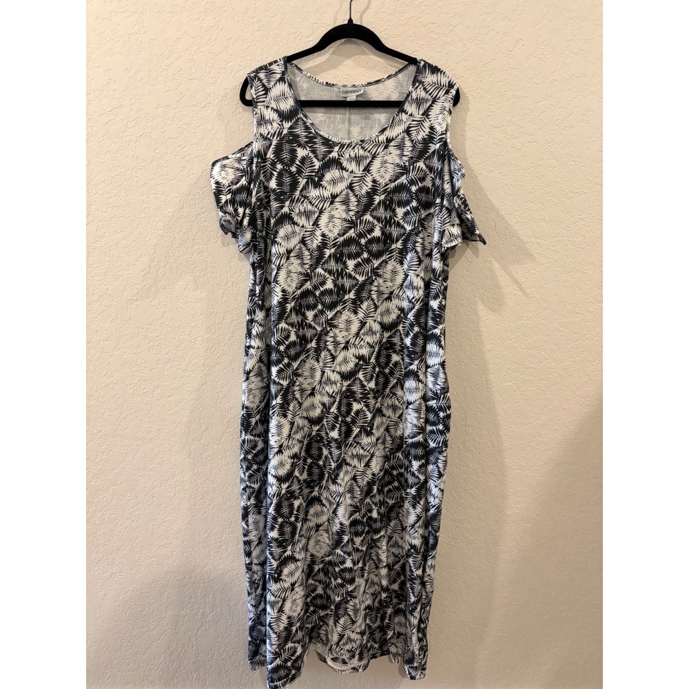 Catherines Cold Shoulder Maxi Dress Womens 1X Black White Palm Leaf Tropical